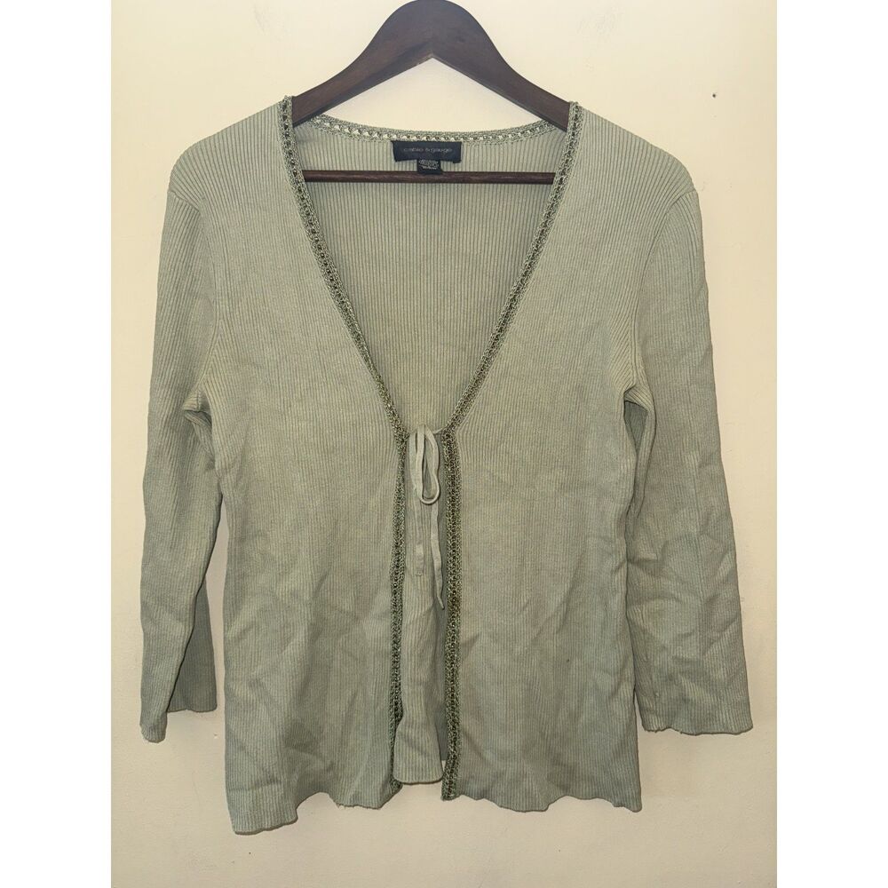 Cable & Gauge Sage Green Silk Blend Ribbed Tie Front Cardigan Sz L Beaded Trim